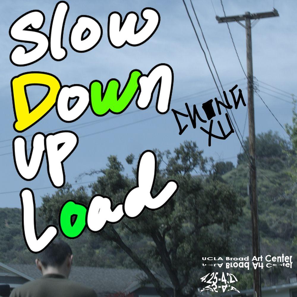 A scene featuring a blue sky, a house, a telephone pole, and some cartoonish writing