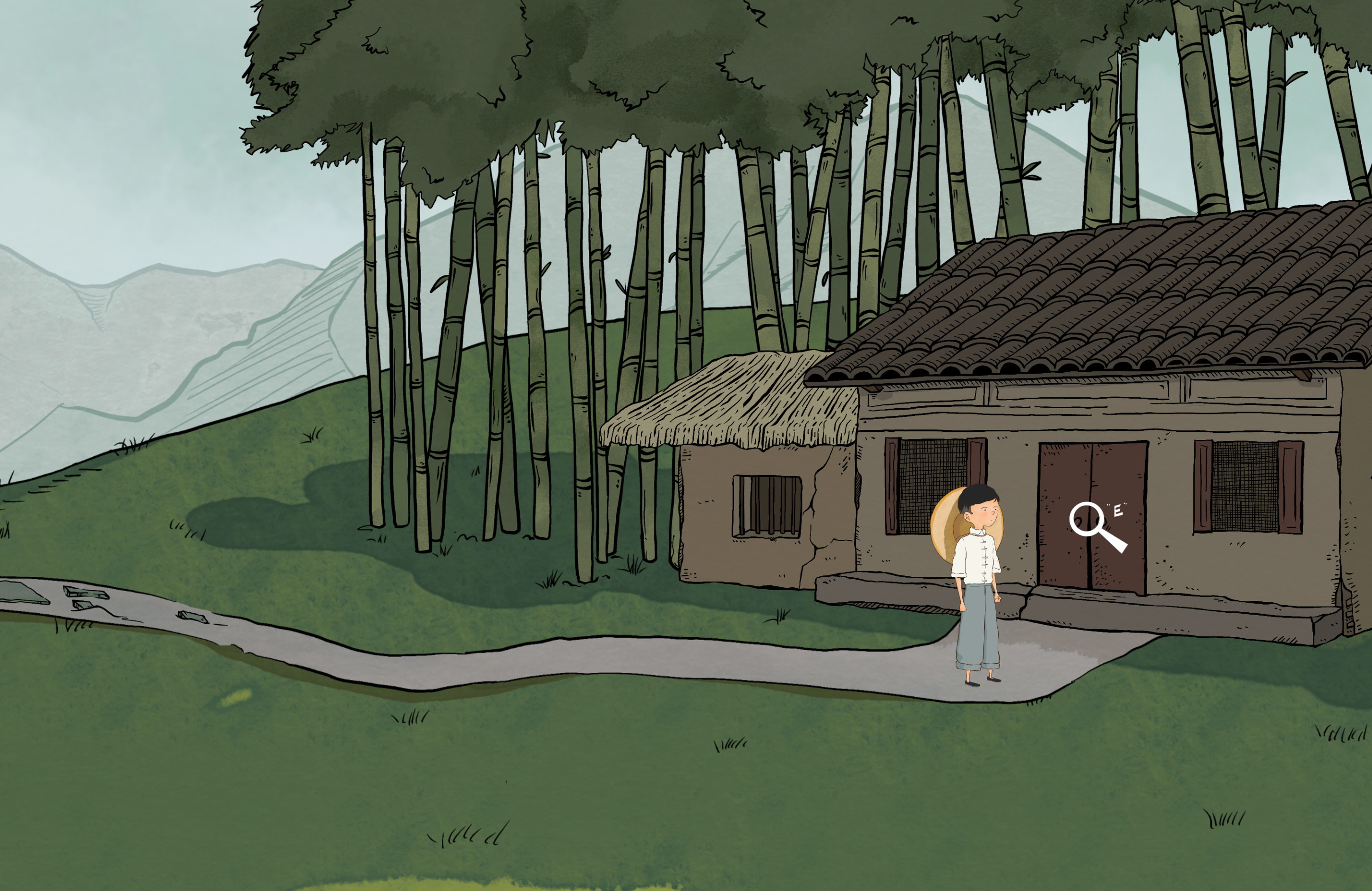 A person stand outside the front doors of a home nestled in a patch of bamboo.