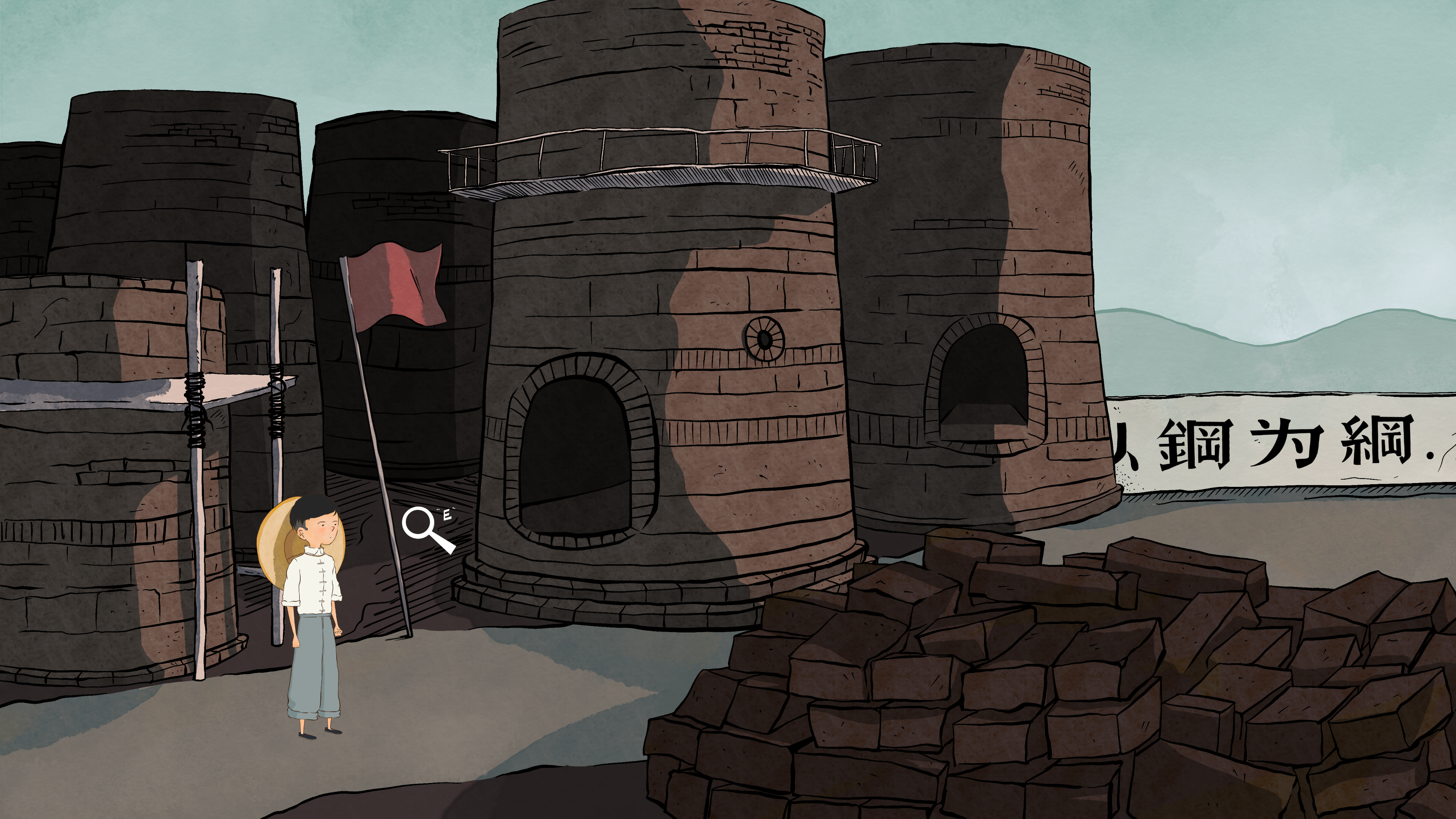 A person stands in front of cylindrical brick structures.