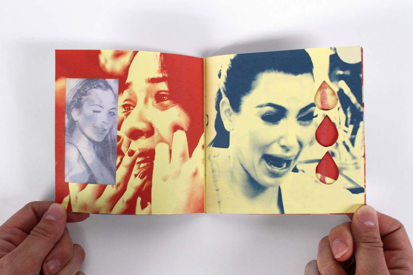 There is a little square booklet open. On the left, there is a woman crying and then a rectangular picture of what looks like a white celebrity woman. On the right is the meme of Kim Kardashian crying.