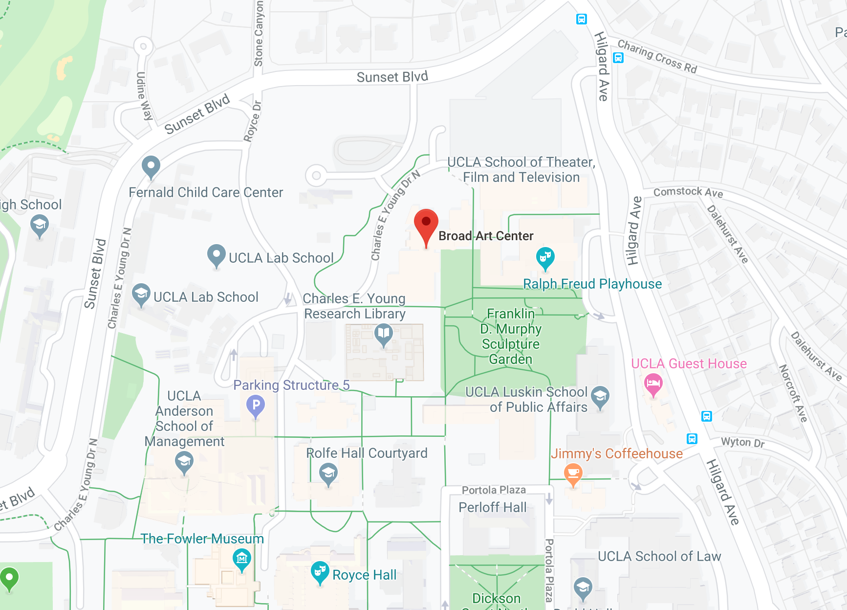 Map of UCLA Campus showing a pin at the broad building.