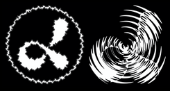 Two white figures on a black background. The shapes seem to have three wings, but also roughly look like the letter alpha. One is blurred as if by a spinning motion.
