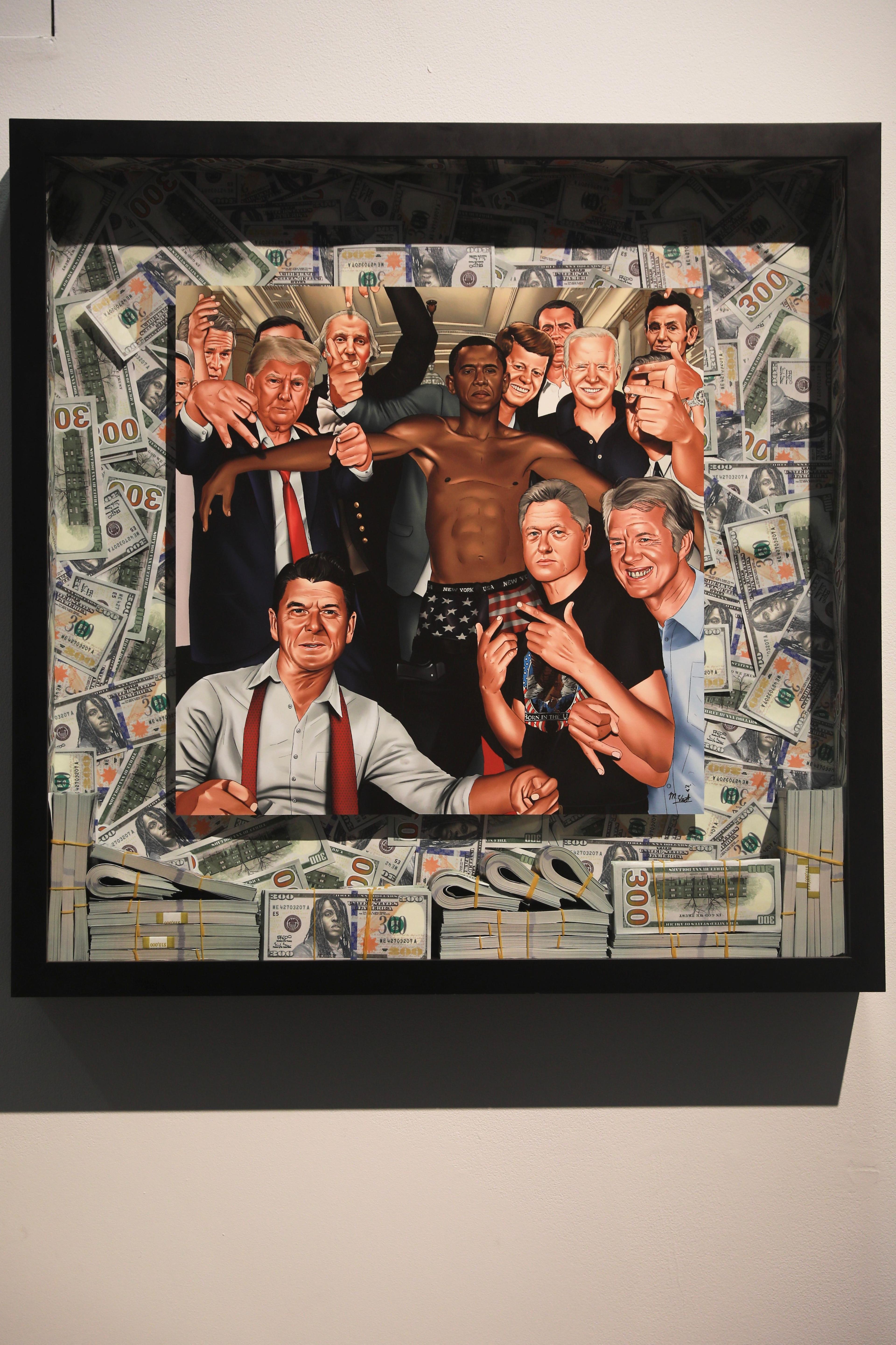 A portrait of thirteen US Presidents imitating the poses of the rap group Glory Gang. Within a large, extruding picture frame, the print is fixed on a background of 300 dollar bills, below which sits physical stacks of 300 dollar bills depicting rapper Ch