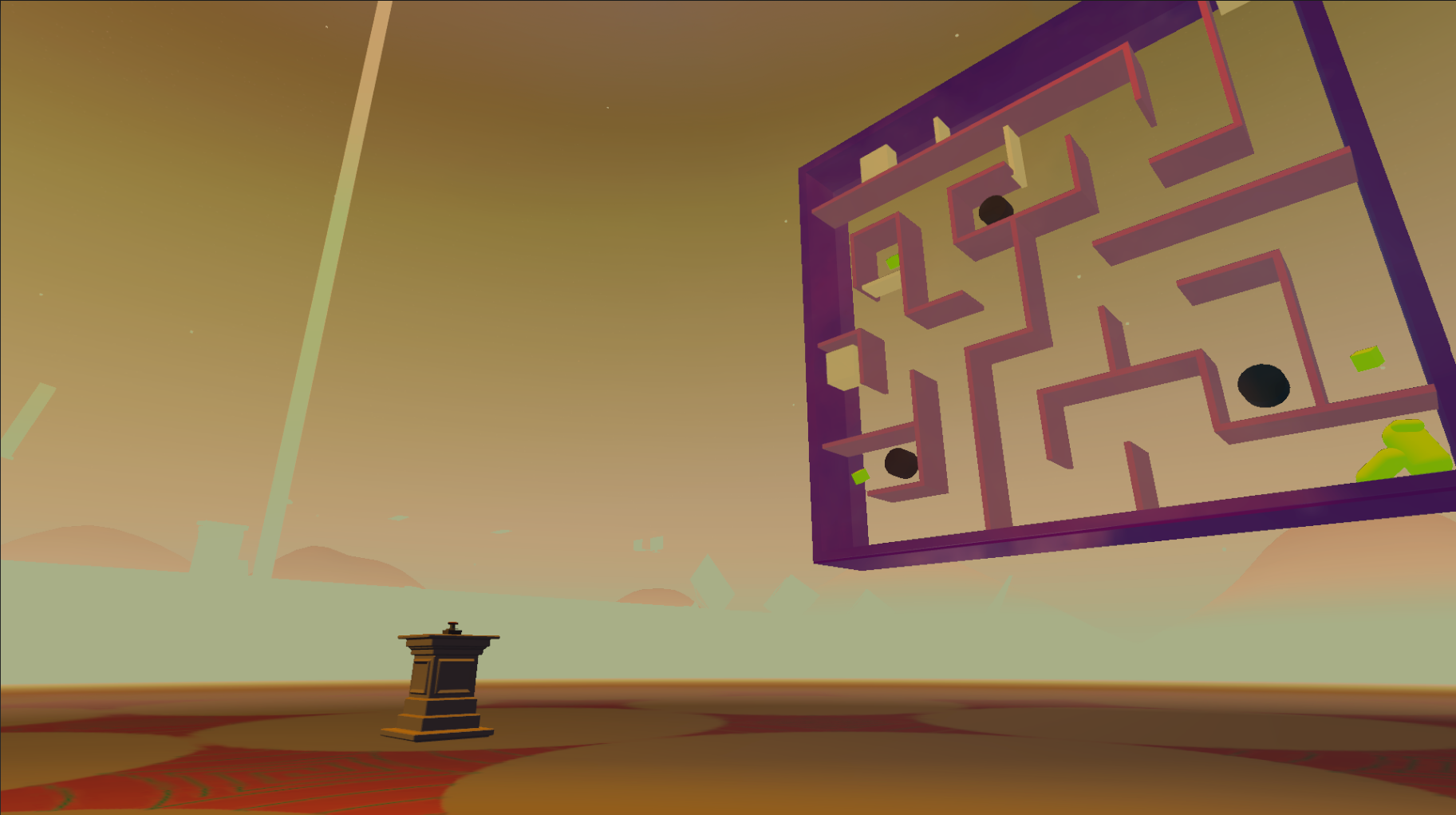 A large maze floats above you. A beacon glows in the distance.