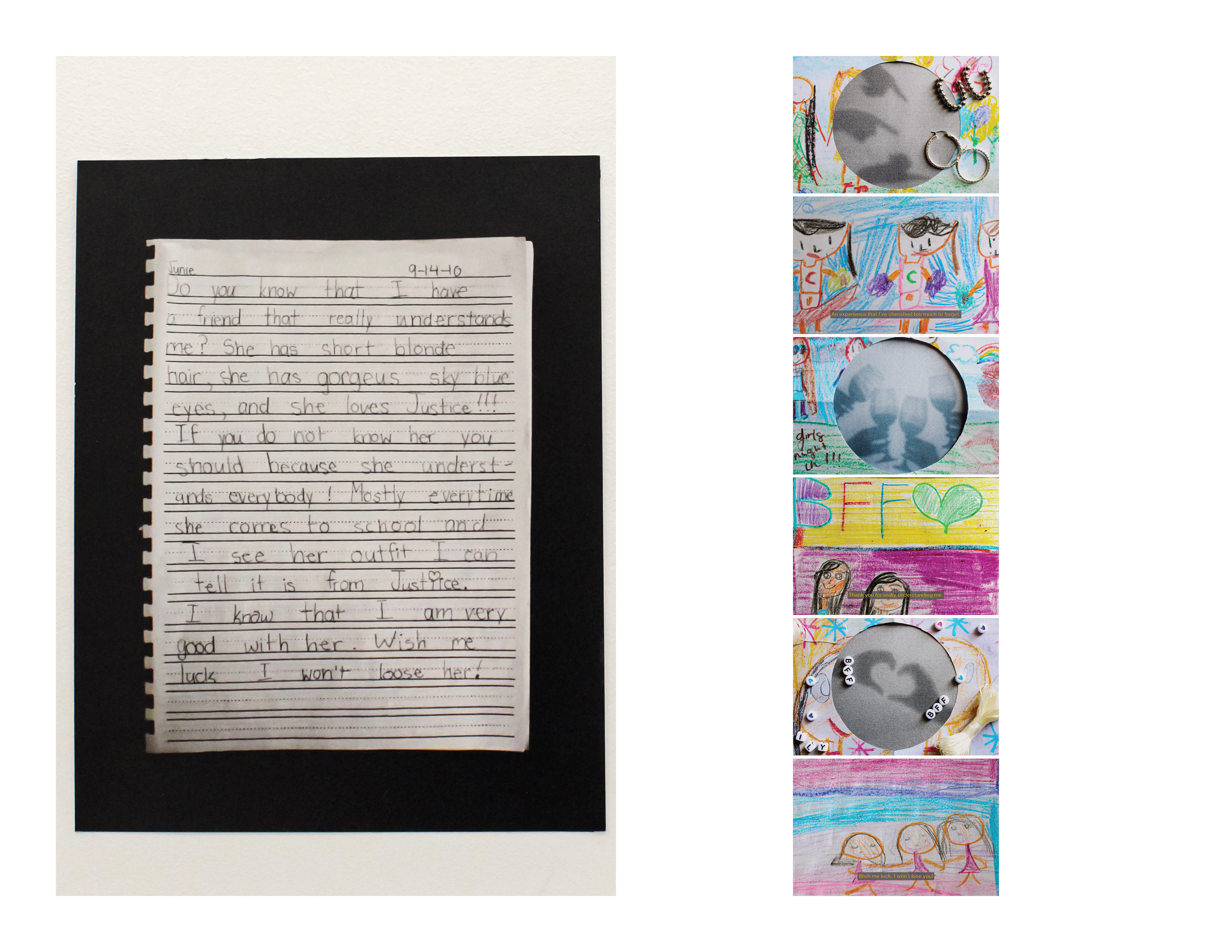 A notebook on an epty background, next to a series of seven colorful children's drawings, some of which with holes punched out of the center revealing hazy images of hands. On top of these drawings are earrings and lettered beads.