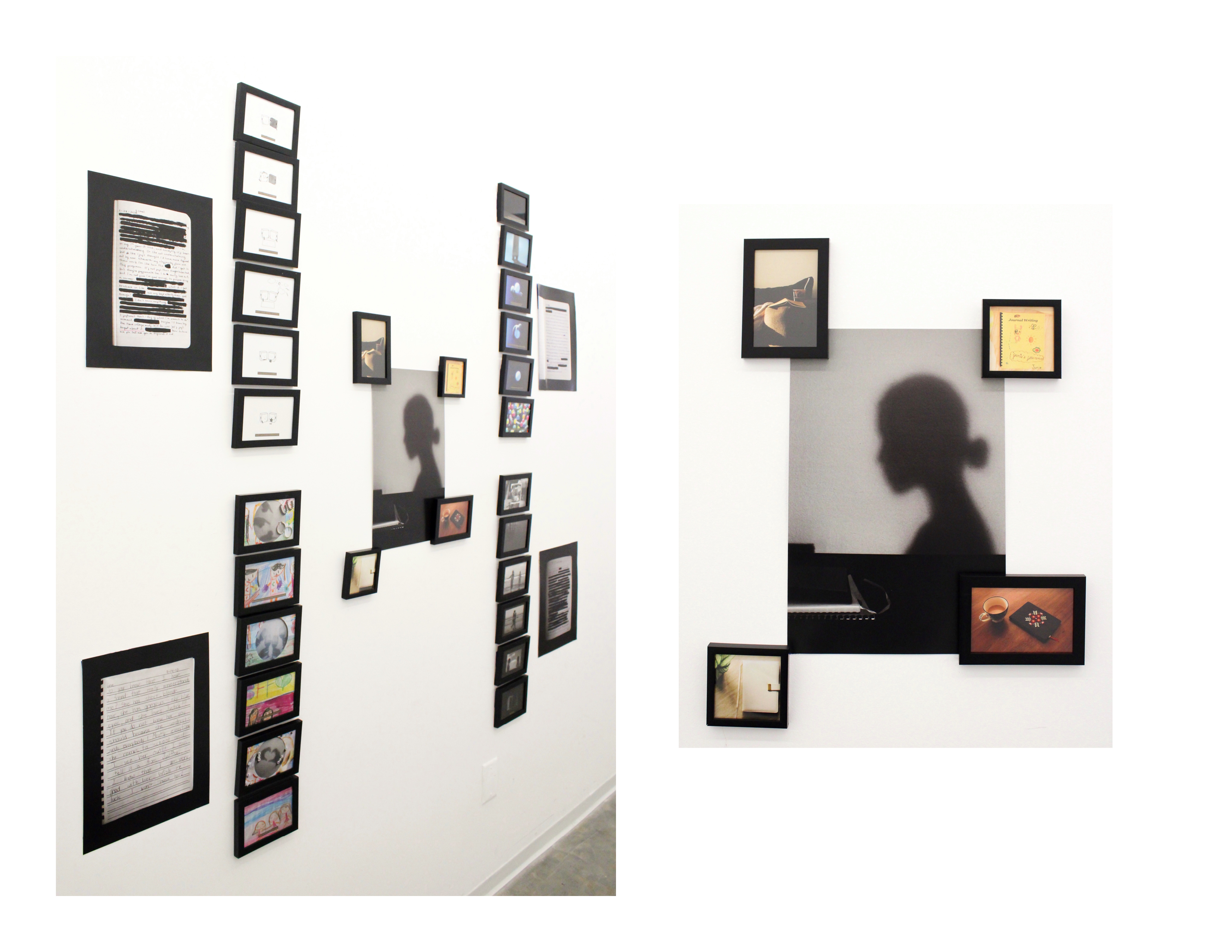 The gallery wall displaying the prior images, at the center of which site a shadowy profile with their hair tied up in a bun. At each corner of the image, a frame is fixed with photographs of different notebooks. 