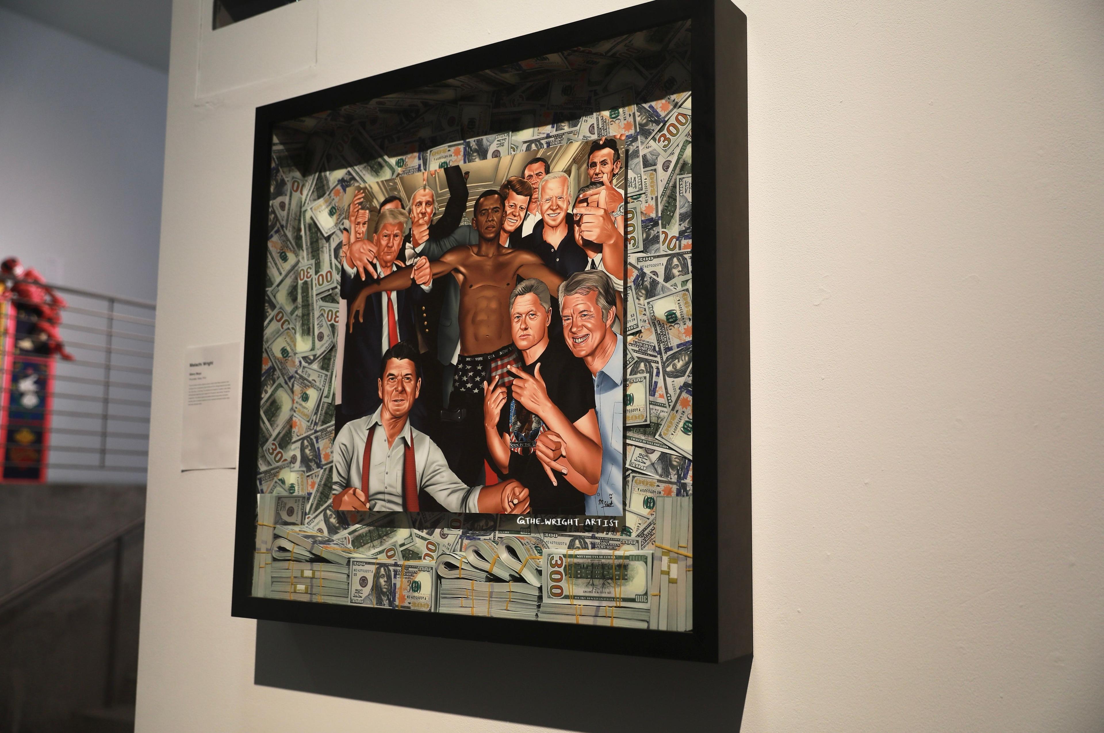 A side view of a portrait of thirteen US Presidents imitating the poses of the rap group Glory Gang. Within a large, extruding picture frame, the print is fixed on a background of 300 dollar bills, below which sits physical stacks of 300 dollar bills depi