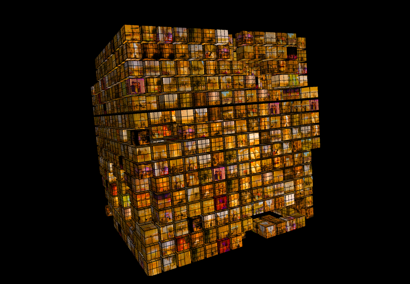 A generative array of cube shaped windows organized in a three dimensional, cube shaped grid on an empty background.