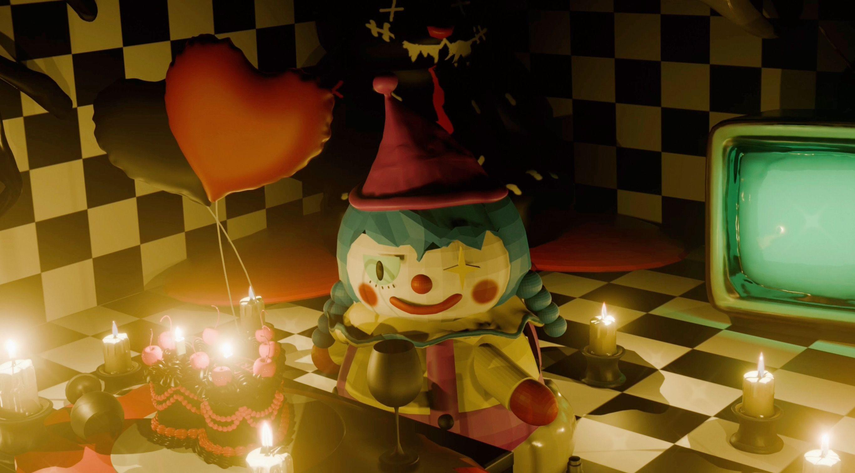 A clown looks at you, seated behind a table with cups and a heart-shaped cake. Behind the clown are two heart-shaped balloons, a large, dark teddy bear, and a television. The walls and floor of the room are checkerboard pattern.