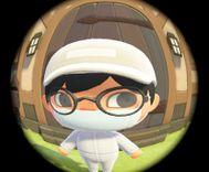 The image is warped with a fish eye lens. In the center is an Animal Crossing style avatar with black hair and black eyes, wearing a white hat and white jumpsuit. The avatar is also wearing round black eyeglasses and a white medical face mask. The backgro