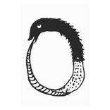 black and white drawing of an ouroboros snake eating its own tail