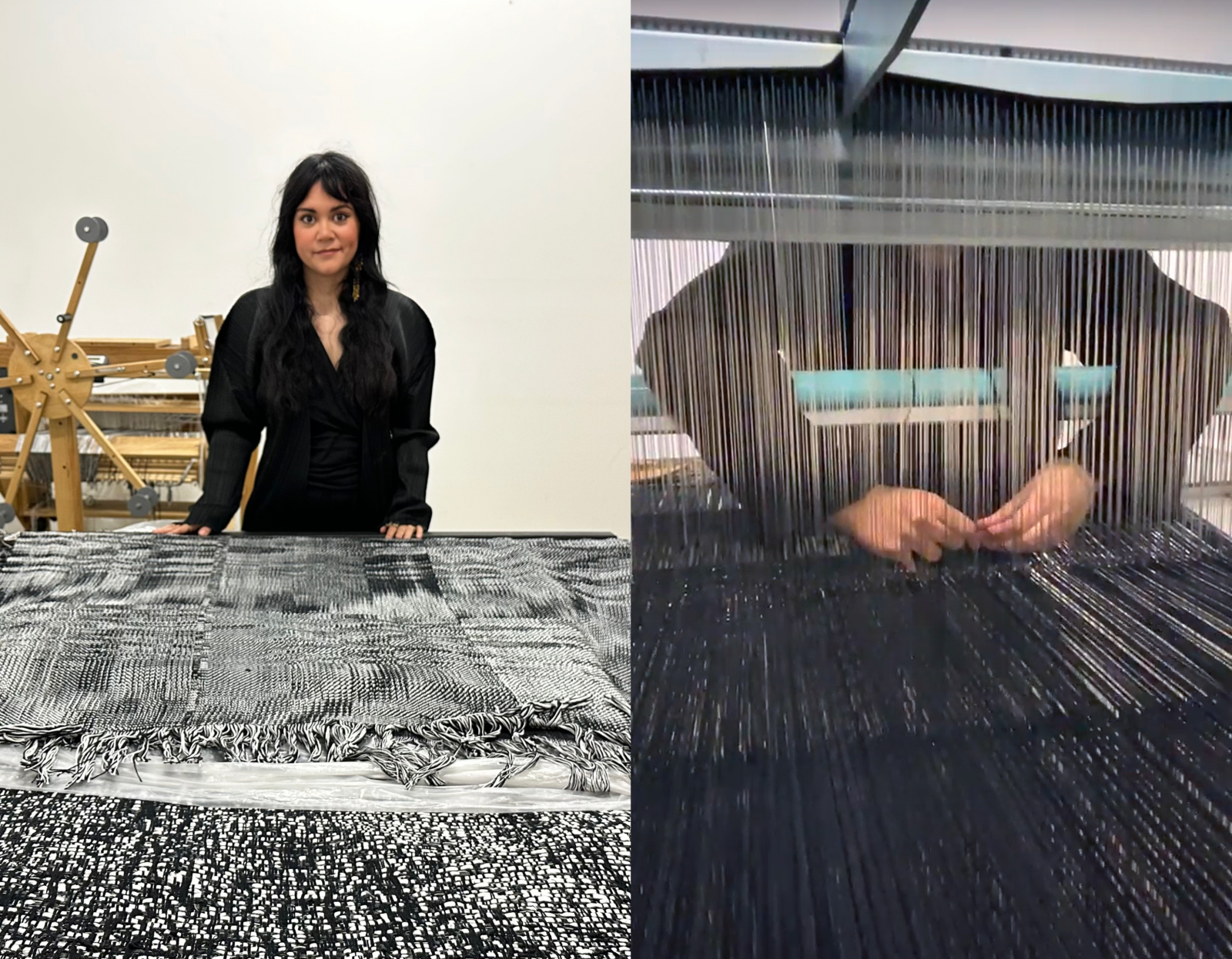 a woman with black hair wearing a black dress in front of a black and white woven fabric on the right there is another image composited in of hands dressing a loom