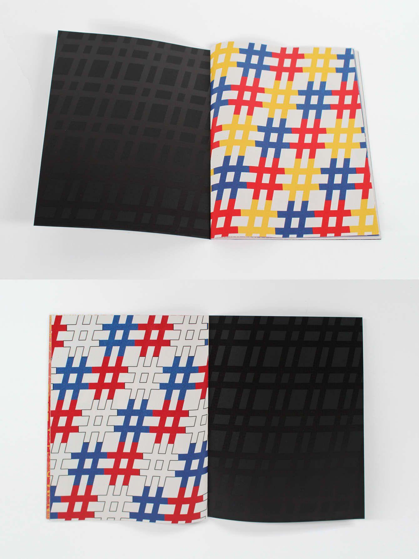 There are two rectangular images, one on top and one on the bottom. On both images, there is a magazine style booklet open to pages with graphic design. On the top photo, there is a black on black gingham design for the whole page. On the right of the top