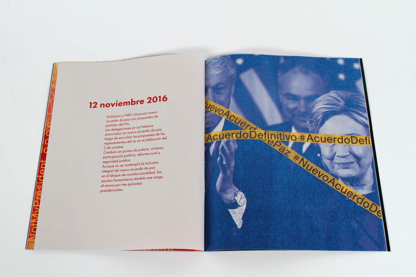 There is a magazine opened to a page with red text and a page with an edited photo of Hilary Clinton. On the left side, the red text is in Spanish and reads "12 november 2016". The rest is too small to read. On the right, the photo is tinted blue and has 