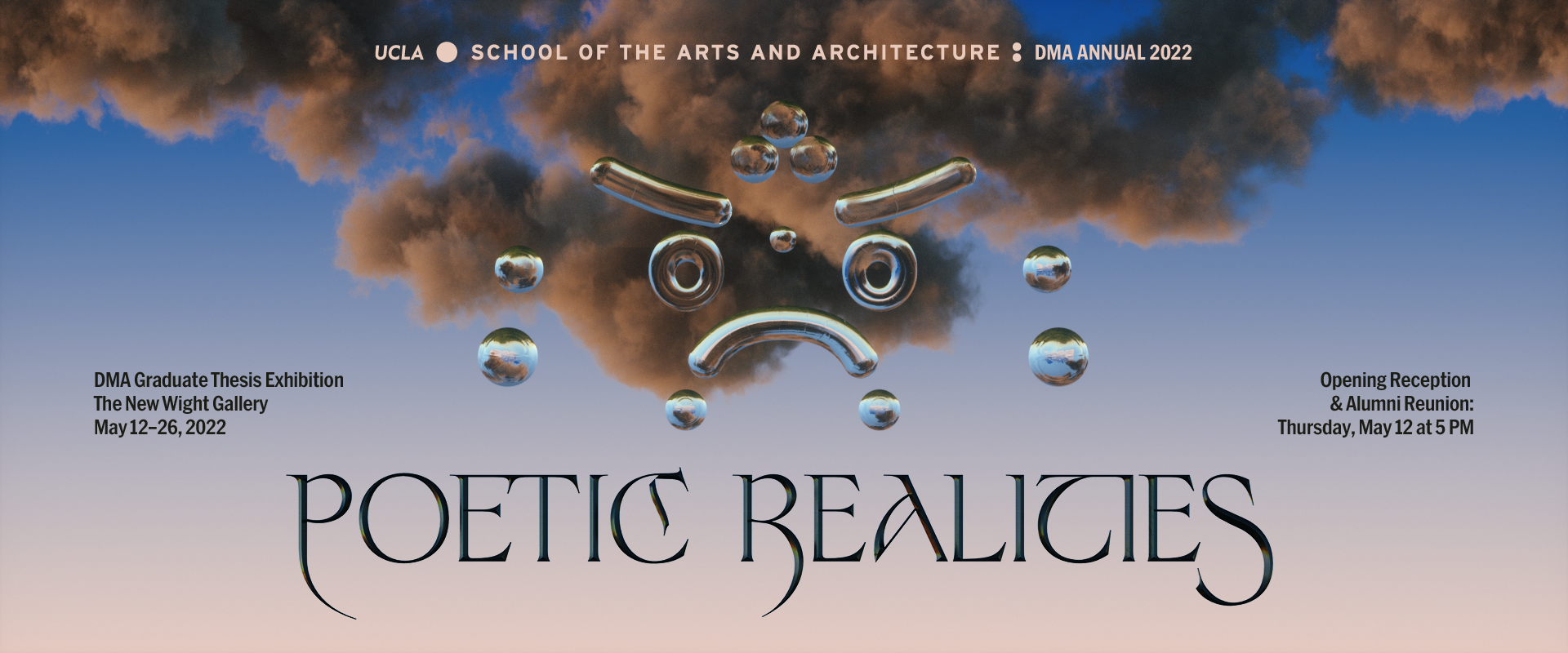 An image of clouds with a rendered emoji in mirror. Text reads "Poetic Realities"