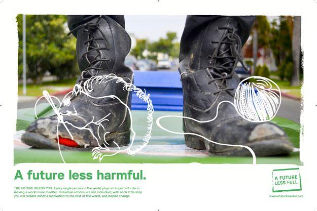 There is a photo of some old black boots with an illustration of a squirrel holding a sewing needle and a ball of string. On the bottom in green text is the statement "A future less harmful." with text too small to read under it. On the bottom right is th